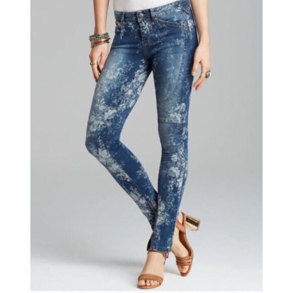 FREE PEOPLE Womens Elle Floral Moto Skinny Jeans Ankle Zipper Boho Coquette | 27 - Picture 1 of 14